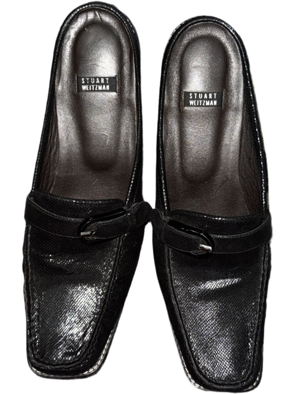 Vintage Stuart Weitzman Black Leather Square Toe Mule Loafer 9 Quiet Luxury
